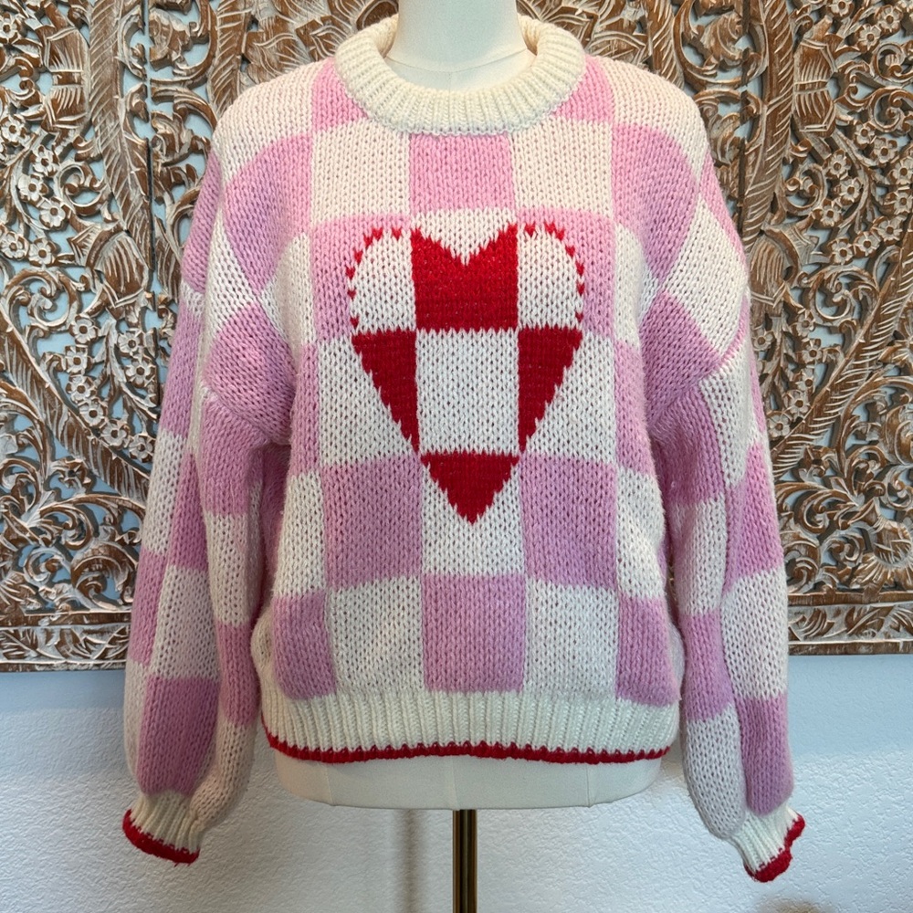 Luna Ivy Pink & White Crochet Checkered & Heart Sweater, Puff Sleeves, Cozy Soft - Picture 2 of 15
